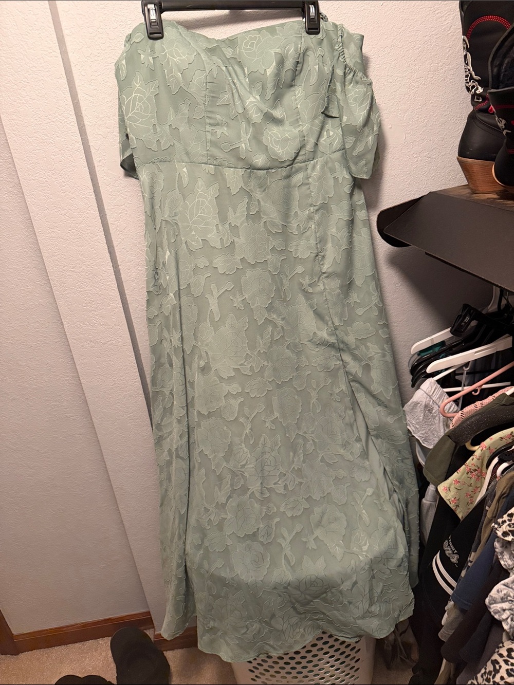 Azazie Strapless Floral Lace Maxi Dress in Sage